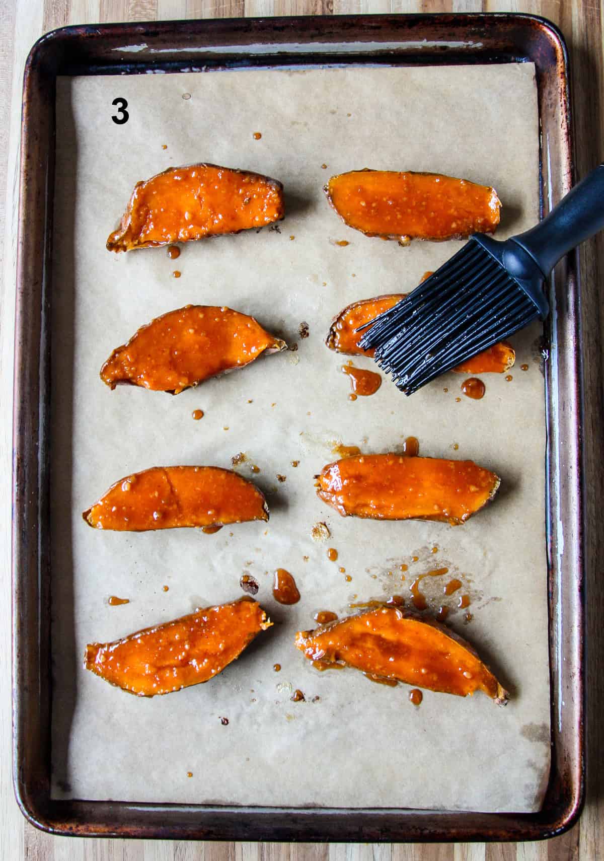 Baked sweet potato halves brushed with miso glaze.