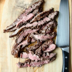 Slices of steak on a cutting board.